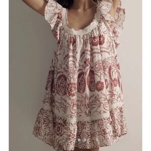 Maeve Anthropologie Mini Dress Babydoll Boho Red Pink Ruffle  - Medium